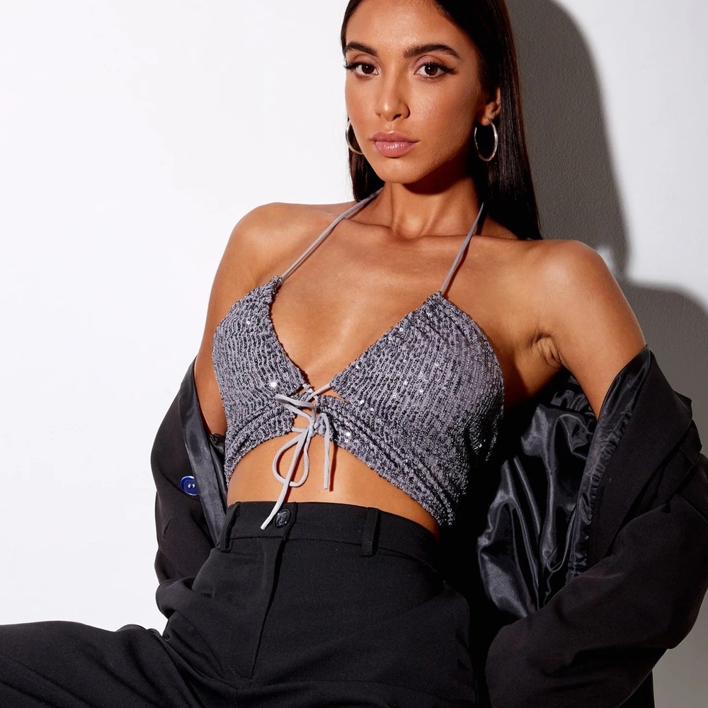 Motel Rocks Halpi Sequins Silver Crop Top